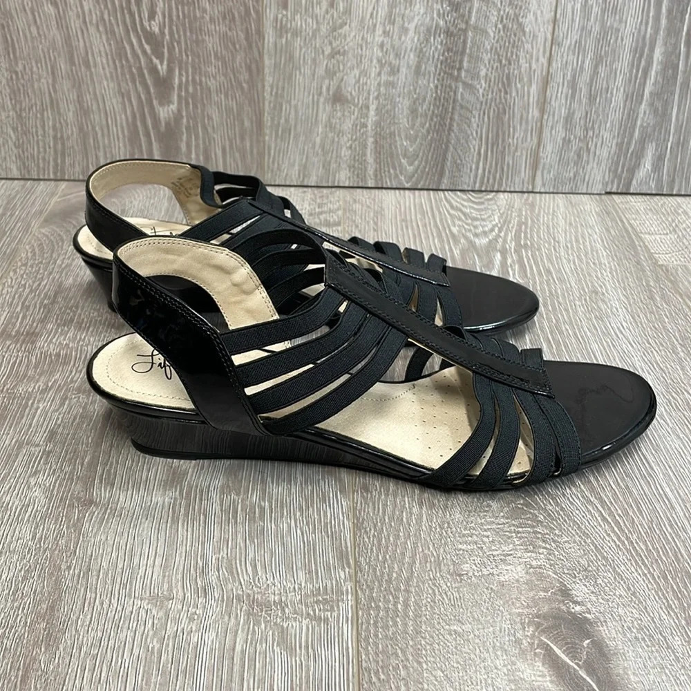 Lifestride Soft System Yours Wedge Sandals Black Slip On 9M
